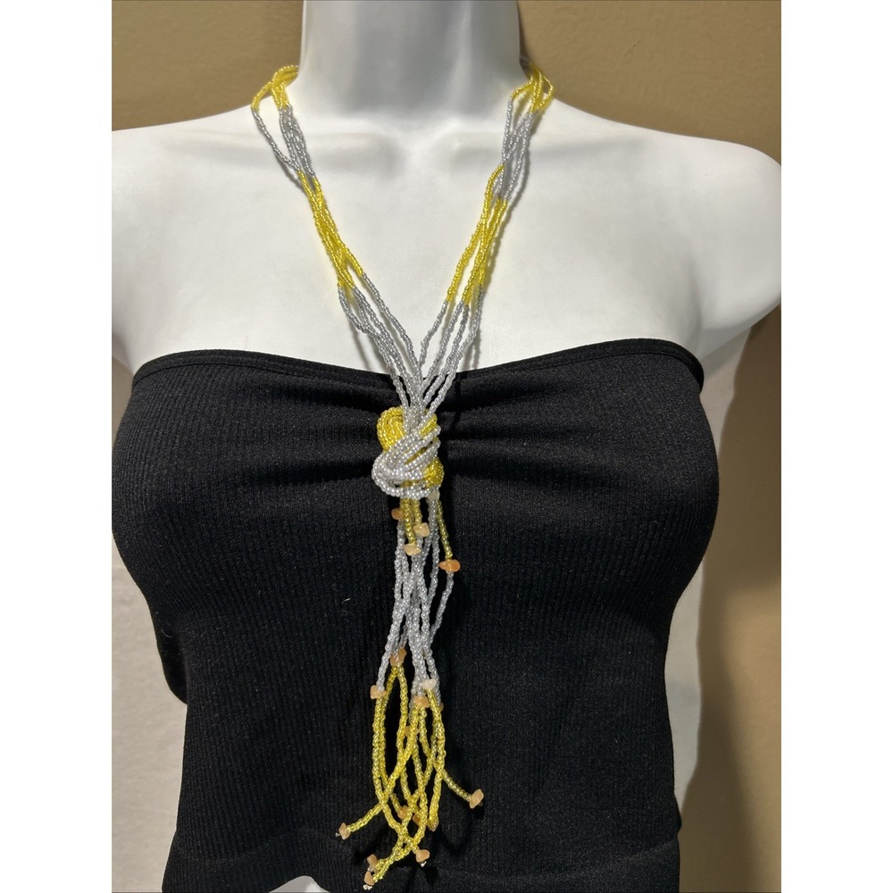 Gray Yellow vtg Glass Seed‎ Bead Multi strand Lariat Scarf Necklace Wrap 40"